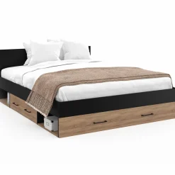 IDMarket Lit double avec rangement 140x190 cm avec tête de lit hêtre et noir* Meubles Tiroirs|Chambre Complète Adulte