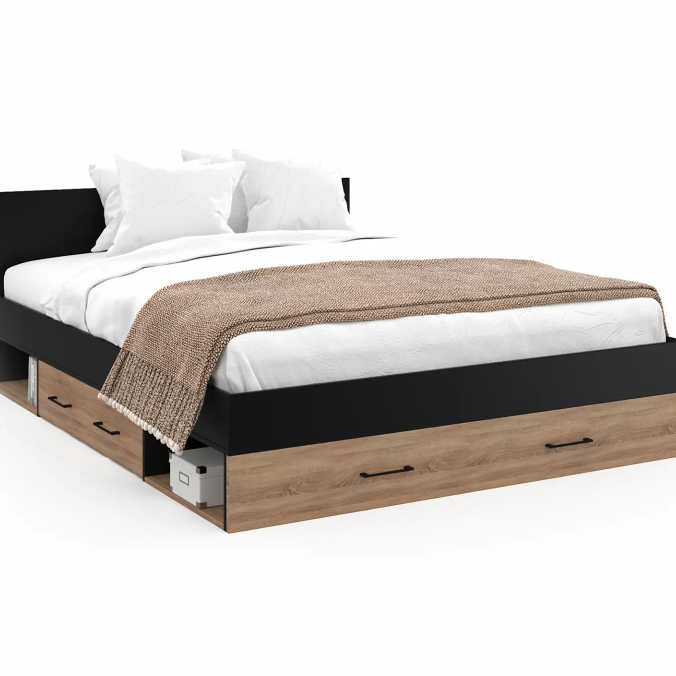 IDMarket Lit double avec rangement 140x190 cm avec tête de lit hêtre et noir* Meubles Tiroirs|Chambre Complète Adulte