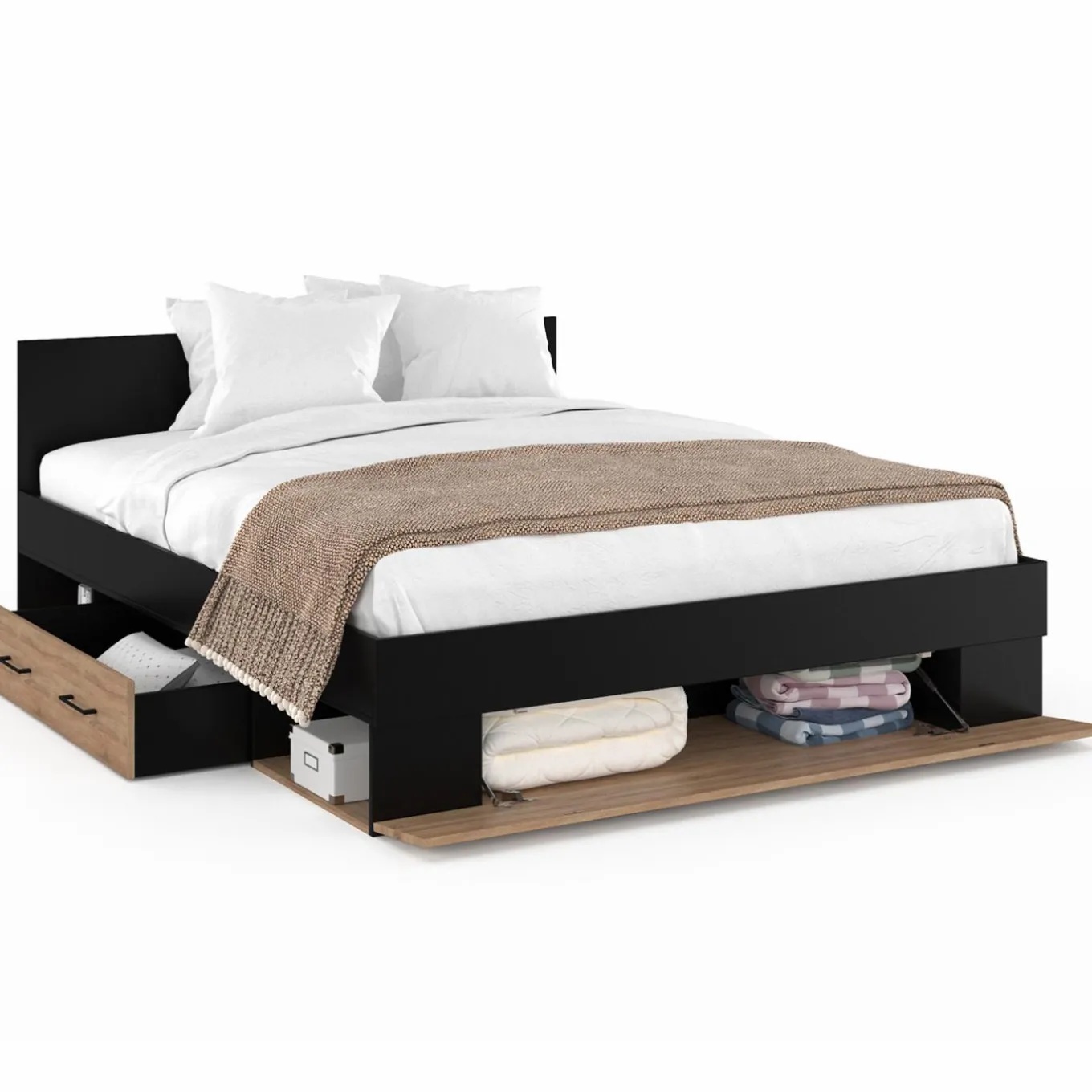 IDMarket Lit double avec rangement 140x190 cm avec tête de lit hêtre et noir* Meubles Tiroirs|Chambre Complète Adulte
