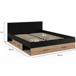 IDMarket Lit double avec rangement 140x190 cm avec tête de lit hêtre et noir* Meubles Tiroirs|Chambre Complète Adulte