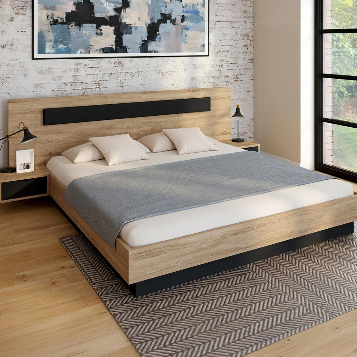 IDMarket Lit double avec tête de lit et tables de chevet intégrées et sommier 180 x 200 cm bois et noir* Lits Avec Sommier|Collection Moderne