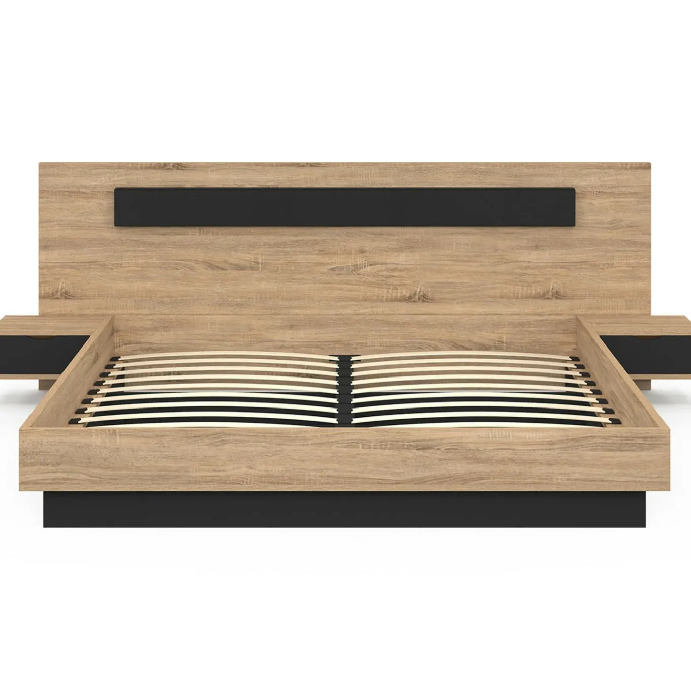 IDMarket Lit double avec tête de lit et tables de chevet intégrées et sommier 180 x 200 cm bois et noir* Lits Avec Sommier|Collection Moderne