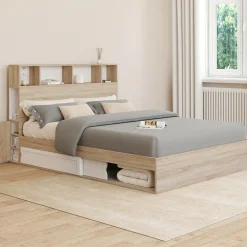 IDMarket Lit double hêtre et blanc avec rangements + tête de lit et sommier 140x190 cm* Collection Moderne|Chambre Complète Adulte