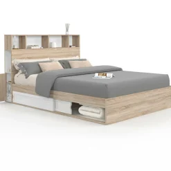 IDMarket Lit double hêtre et blanc avec rangements + tête de lit et sommier 140x190 cm* Collection Moderne|Chambre Complète Adulte