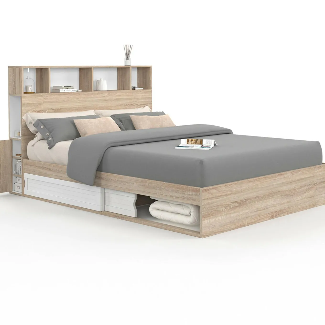 IDMarket Lit double hêtre et blanc avec rangements + tête de lit et sommier 140x190 cm* Collection Moderne|Chambre Complète Adulte