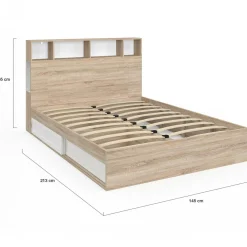 IDMarket Lit double hêtre et blanc avec rangements + tête de lit et sommier 140x190 cm* Collection Moderne|Chambre Complète Adulte
