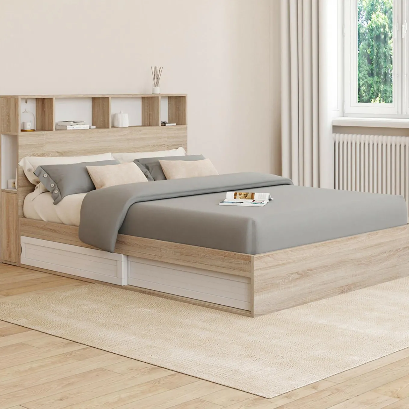 IDMarket Lit double hêtre et blanc avec rangements + tête de lit et sommier 140x190 cm* Collection Moderne|Chambre Complète Adulte