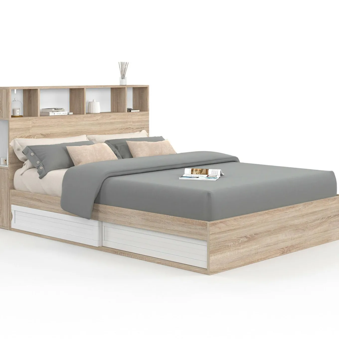 IDMarket Lit double hêtre et blanc avec rangements + tête de lit et sommier 140x190 cm* Collection Moderne|Chambre Complète Adulte