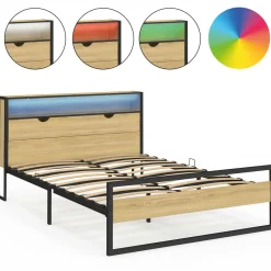 IDMarket Lit double LED intégrés dans la tête de lit et sommier 140x190 cm effet bois et métal noir style industriel* Chambre Complète Adulte|Lits Avec Sommier