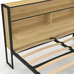 IDMarket Lit double LED intégrés dans la tête de lit et sommier 140x190 cm effet bois et métal noir style industriel* Chambre Complète Adulte|Lits Avec Sommier