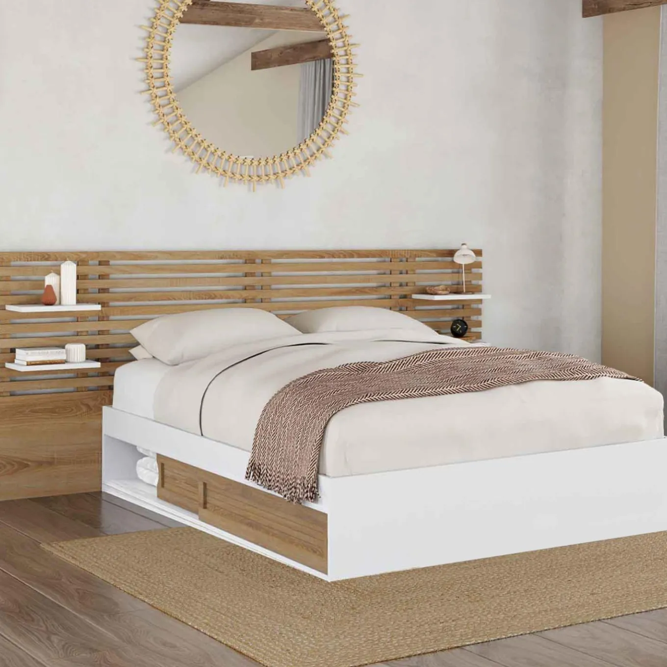 IDMarket Lit double 140x190 blanc et hêtre avec rangement, tête de lit et chevets* Collection Contemporaine|Lits Avec Sommier