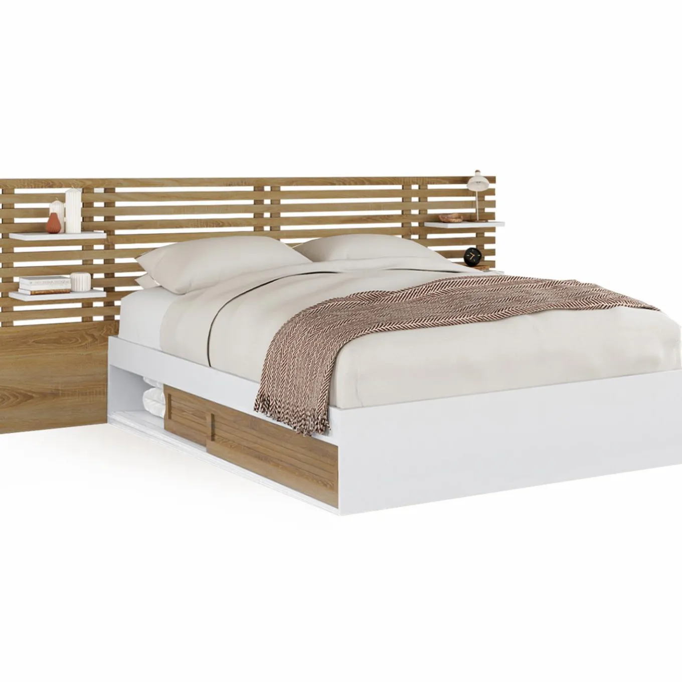 IDMarket Lit double 140x190 blanc et hêtre avec rangement, tête de lit et chevets* Collection Contemporaine|Lits Avec Sommier