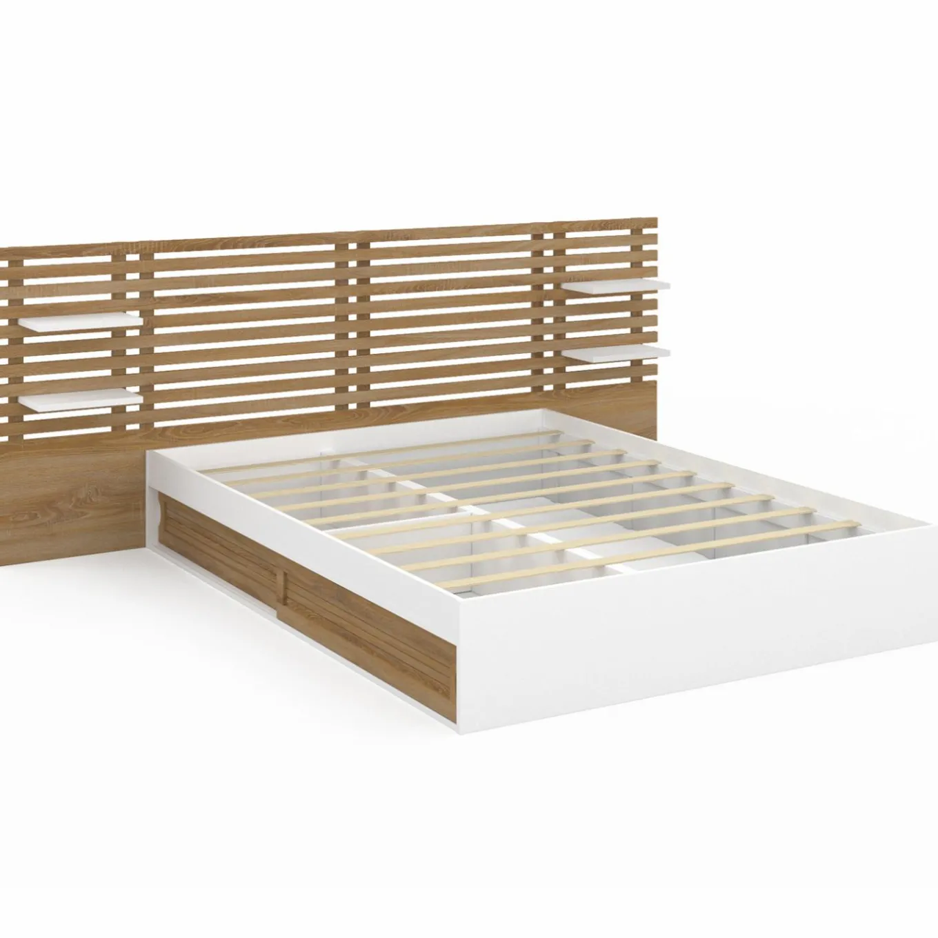 IDMarket Lit double 140x190 blanc et hêtre avec rangement, tête de lit et chevets* Collection Contemporaine|Lits Avec Sommier