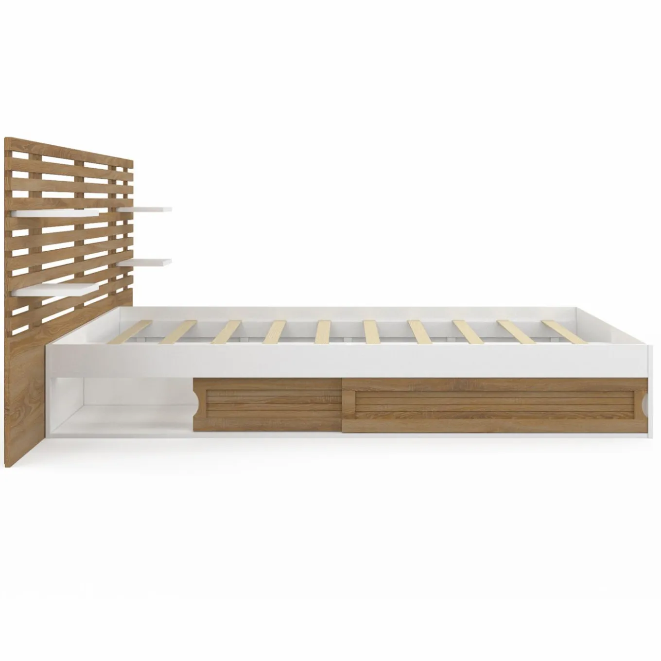 IDMarket Lit double 140x190 blanc et hêtre avec rangement, tête de lit et chevets* Collection Contemporaine|Lits Avec Sommier