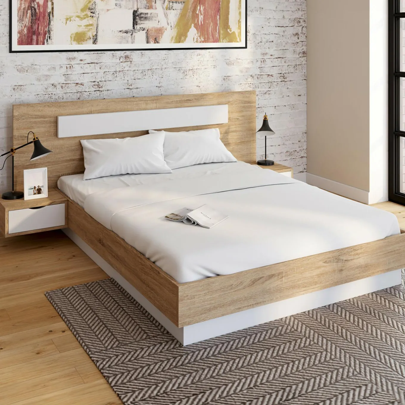 IDMarket Lit double 140x190 bois et blanc avec tête de lit et tables de chevet* Meubles Blancs|Meubles En Bois