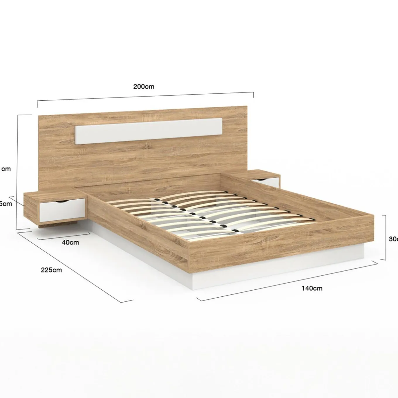 IDMarket Lit double 140x190 bois et blanc avec tête de lit et tables de chevet* Meubles Blancs|Meubles En Bois