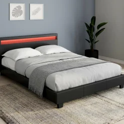 IDMarket Lit double 140x190 cm en PVC noir avec sommier et LED* Lits Avec Sommier|Collection Moderne