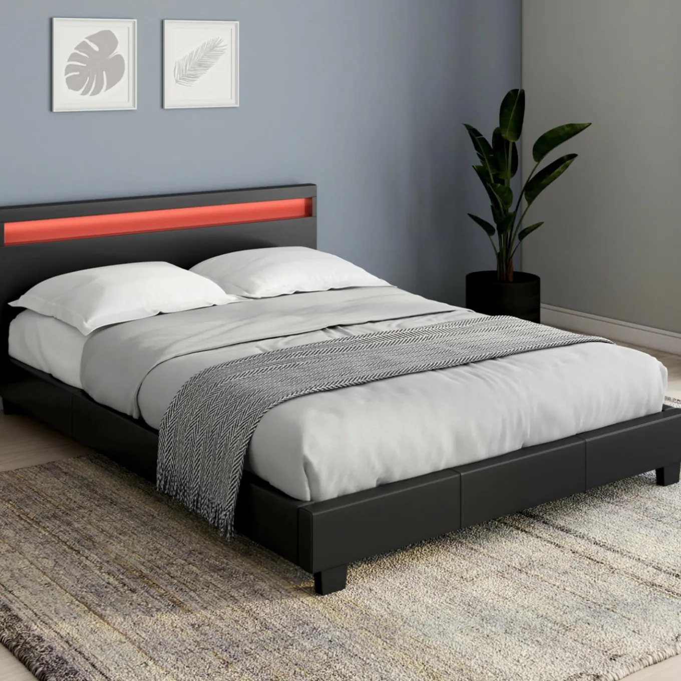 IDMarket Lit double 140x190 cm en PVC noir avec sommier et LED* Lits Avec Sommier|Collection Moderne