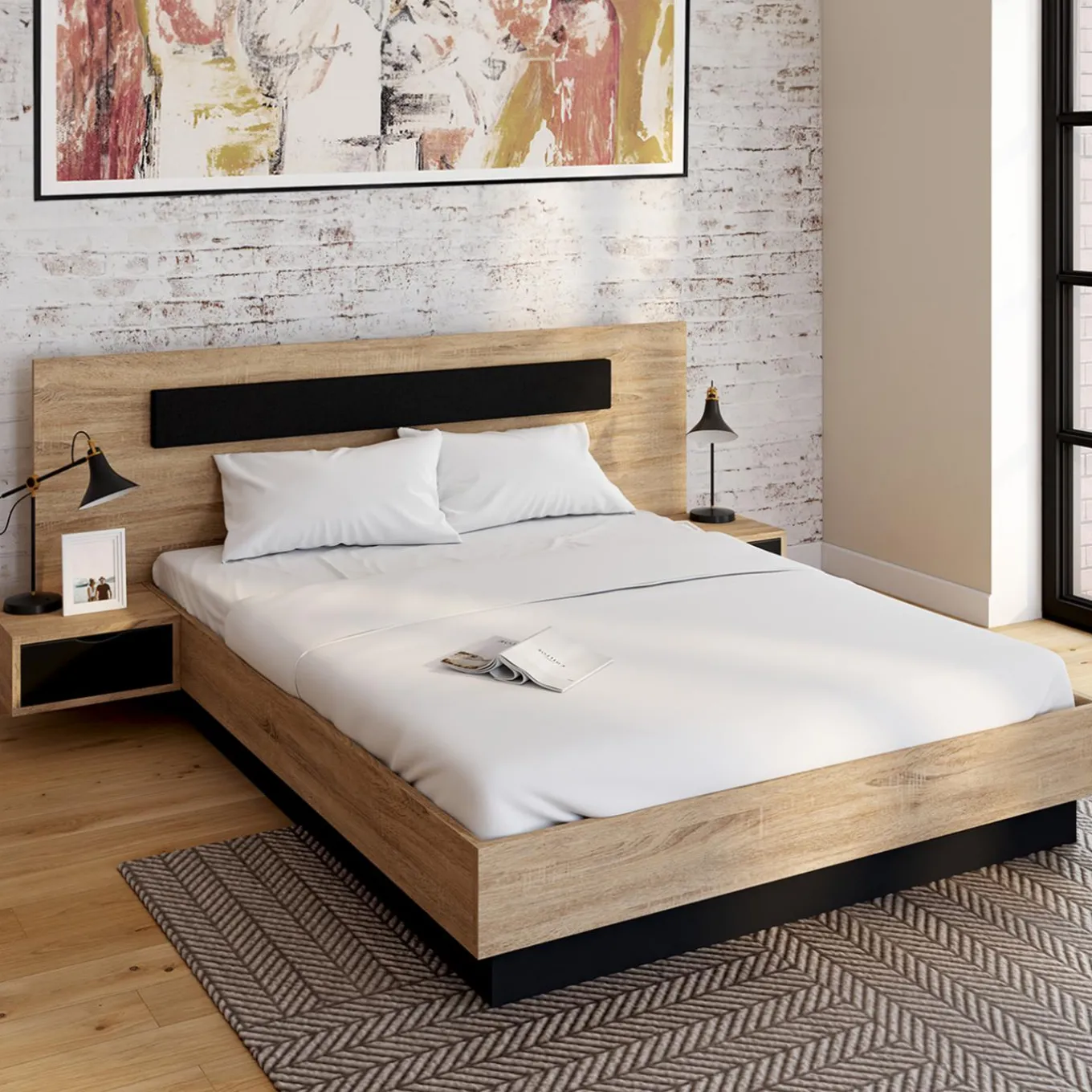 IDMarket Lit double 140x190 cm tête de lit sommier avec chevets suspendus bois et noir* Collection Moderne|Chambre Complète Adulte