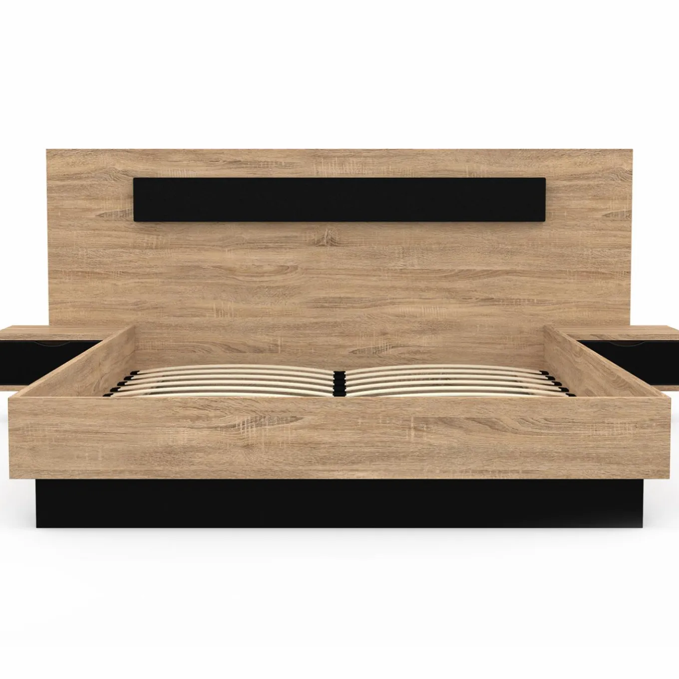 IDMarket Lit double 140x190 cm tête de lit sommier avec chevets suspendus bois et noir* Collection Moderne|Chambre Complète Adulte