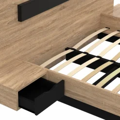 IDMarket Lit double 140x190 cm tête de lit sommier avec chevets suspendus bois et noir* Collection Moderne|Chambre Complète Adulte