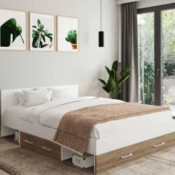 IDMarket Lit double 140x190 façon hêtre et blanc avec rangements et tête de lit* Chambre Complète Adulte|Lits Avec Sommier