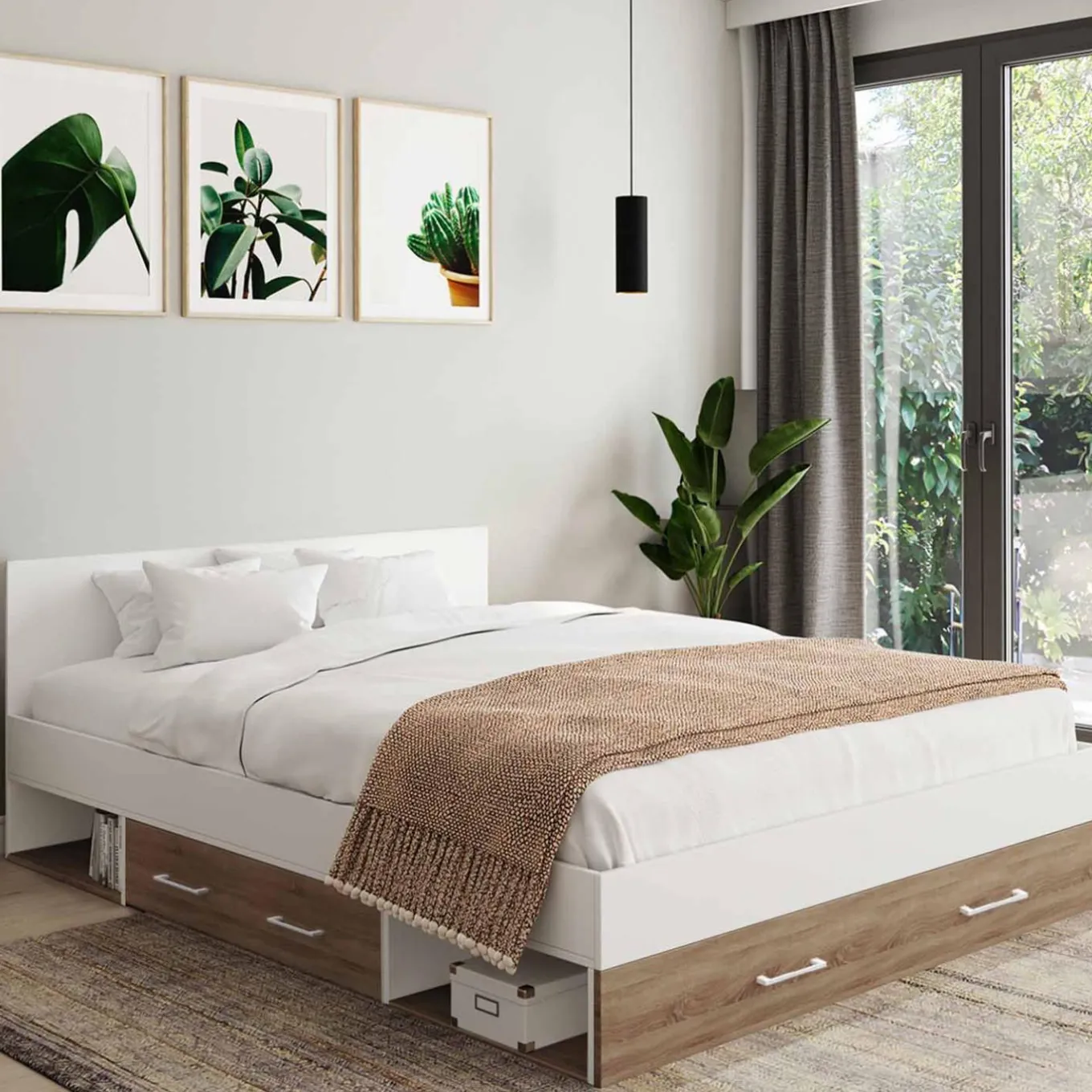 IDMarket Lit double 140x190 façon hêtre et blanc avec rangements et tête de lit* Chambre Complète Adulte|Lits Avec Sommier