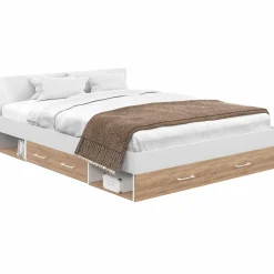 IDMarket Lit double 140x190 façon hêtre et blanc avec rangements et tête de lit* Chambre Complète Adulte|Lits Avec Sommier