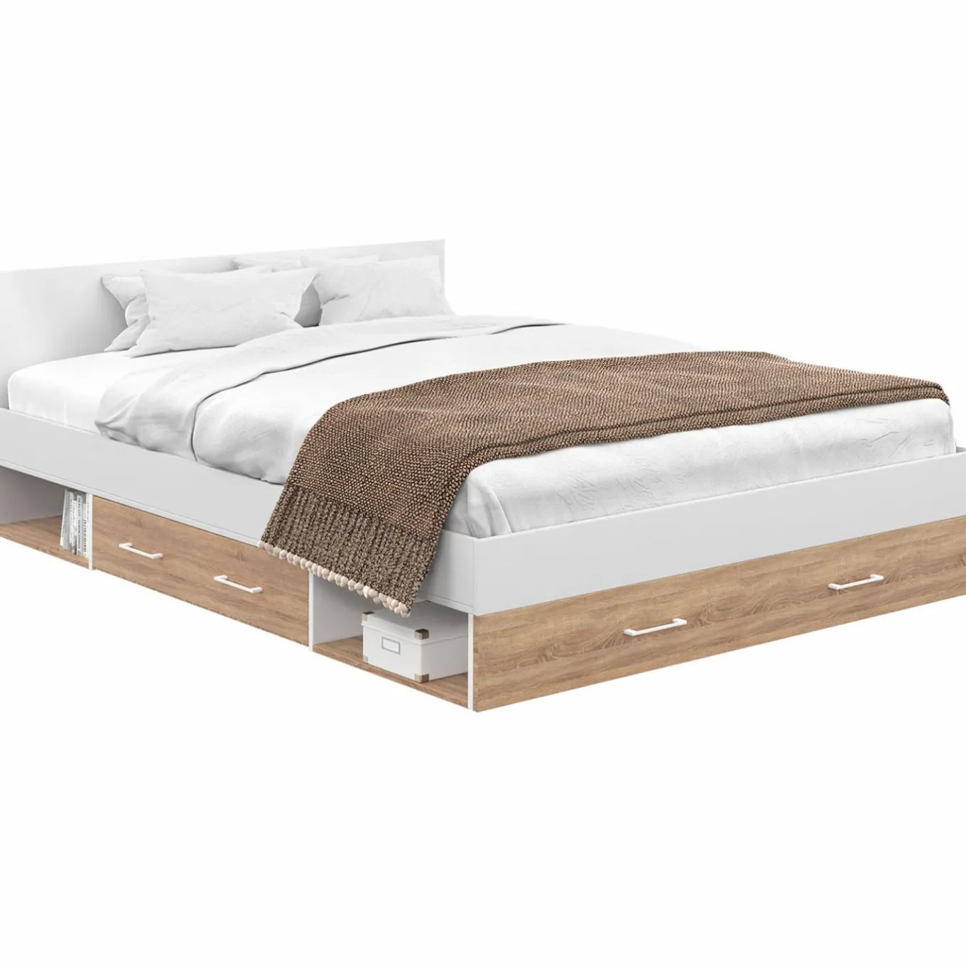 IDMarket Lit double 140x190 façon hêtre et blanc avec rangements et tête de lit* Chambre Complète Adulte|Lits Avec Sommier