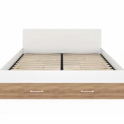 IDMarket Lit double 140x190 façon hêtre et blanc avec rangements et tête de lit* Chambre Complète Adulte|Lits Avec Sommier