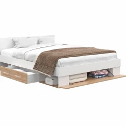 IDMarket Lit double 140x190 façon hêtre et blanc avec rangements et tête de lit* Chambre Complète Adulte|Lits Avec Sommier