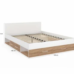 IDMarket Lit double 140x190 façon hêtre et blanc avec rangements et tête de lit* Chambre Complète Adulte|Lits Avec Sommier