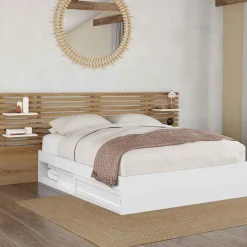 IDMarket Lit double 140x190 hêtre et blanc avec tête de lit et chevets* Lits Avec Sommier