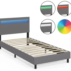 IDMarket Lit simple 90 x 190 cm avec tête de lit LED intégrées et sommier PVC gris* Lits Avec Sommier|Chambre Complète Adulte