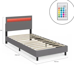 IDMarket Lit simple 90 x 190 cm avec tête de lit LED intégrées et sommier PVC gris* Lits Avec Sommier|Chambre Complète Adulte