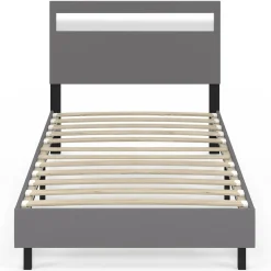 IDMarket Lit simple 90 x 190 cm avec tête de lit LED intégrées et sommier PVC gris* Lits Avec Sommier|Chambre Complète Adulte