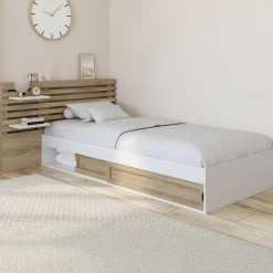 IDMarket Lit simple avec tête de lit, chevets, rangements et sommier 90 x 190 cm façon hêtre et blanc* Meubles Blancs|Meubles En Bois