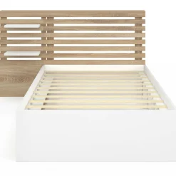 IDMarket Lit simple avec tête de lit, chevets, rangements et sommier 90 x 190 cm façon hêtre et blanc* Meubles Blancs|Meubles En Bois