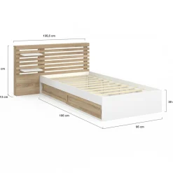 IDMarket Lit simple avec tête de lit, chevets, rangements et sommier 90 x 190 cm façon hêtre et blanc* Meubles Blancs|Meubles En Bois