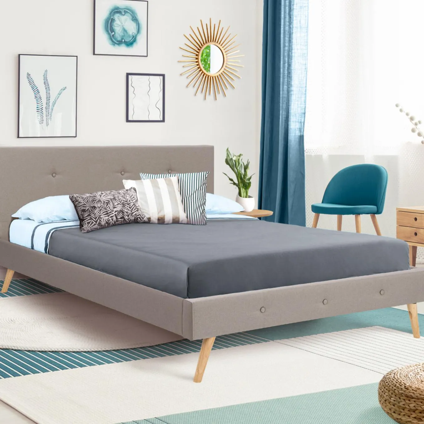 IDMarket Lit style scandinave 140 x 190 cm beige effet lin* Collection Scandinave|Chambre Complète Adulte