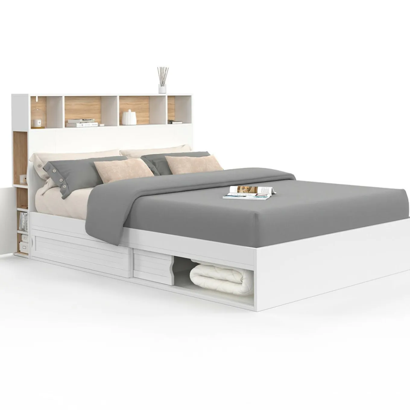 IDMarket Lit 140x190 avec rangements blanc et hêtre et tête de lit* Collection Contemporaine|Lits Avec Sommier