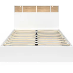 IDMarket Lit 140x190 avec rangements blanc et hêtre et tête de lit* Collection Contemporaine|Lits Avec Sommier