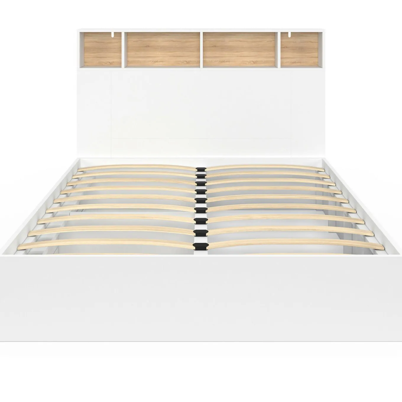 IDMarket Lit 140x190 avec rangements blanc et hêtre et tête de lit* Collection Contemporaine|Lits Avec Sommier