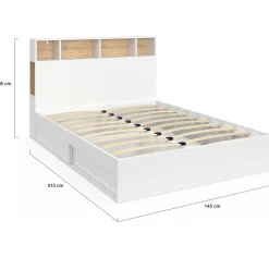 IDMarket Lit 140x190 avec rangements blanc et hêtre et tête de lit* Collection Contemporaine|Lits Avec Sommier