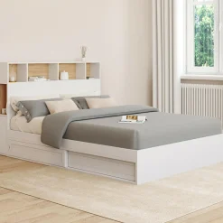 IDMarket Lit 140x190 avec rangements blanc et hêtre et tête de lit* Collection Contemporaine|Lits Avec Sommier