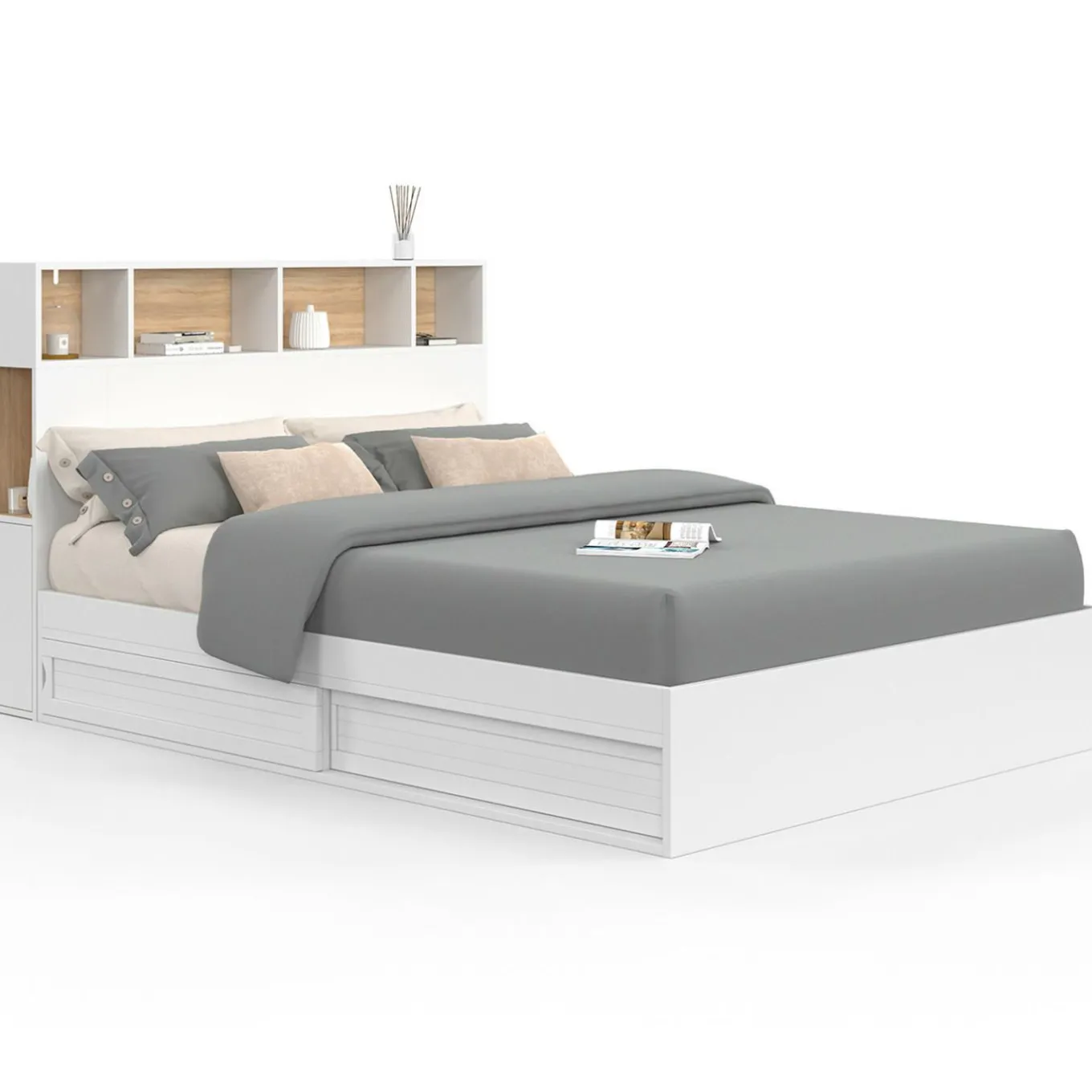 IDMarket Lit 140x190 avec rangements blanc et hêtre et tête de lit* Collection Contemporaine|Lits Avec Sommier