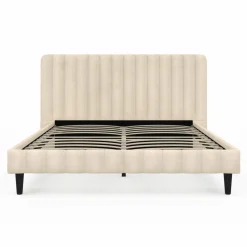 IDMarket Lit 140x190 cm avec tête de lit et sommier en velours beige* Lits Avec Sommier|Chambre Complète Adulte