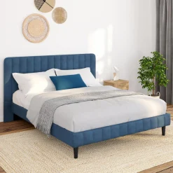 IDMarket Lit 140x190 cm velours bleu avec tête de lit et sommier* Lits Avec Sommier|Chambre Complète Adulte