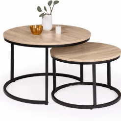 IDMarket Lot 2 tables basses gigognes rondes bois métal industrielles* Meubles Bas|Collection Industrielle