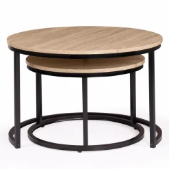 IDMarket Lot 2 tables basses gigognes rondes bois métal industrielles* Meubles Bas|Collection Industrielle